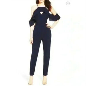 Adelyn rae‎ Cold shoulder navy Blue jumpsuit Size L Ruffle sleeve Front Keyhole